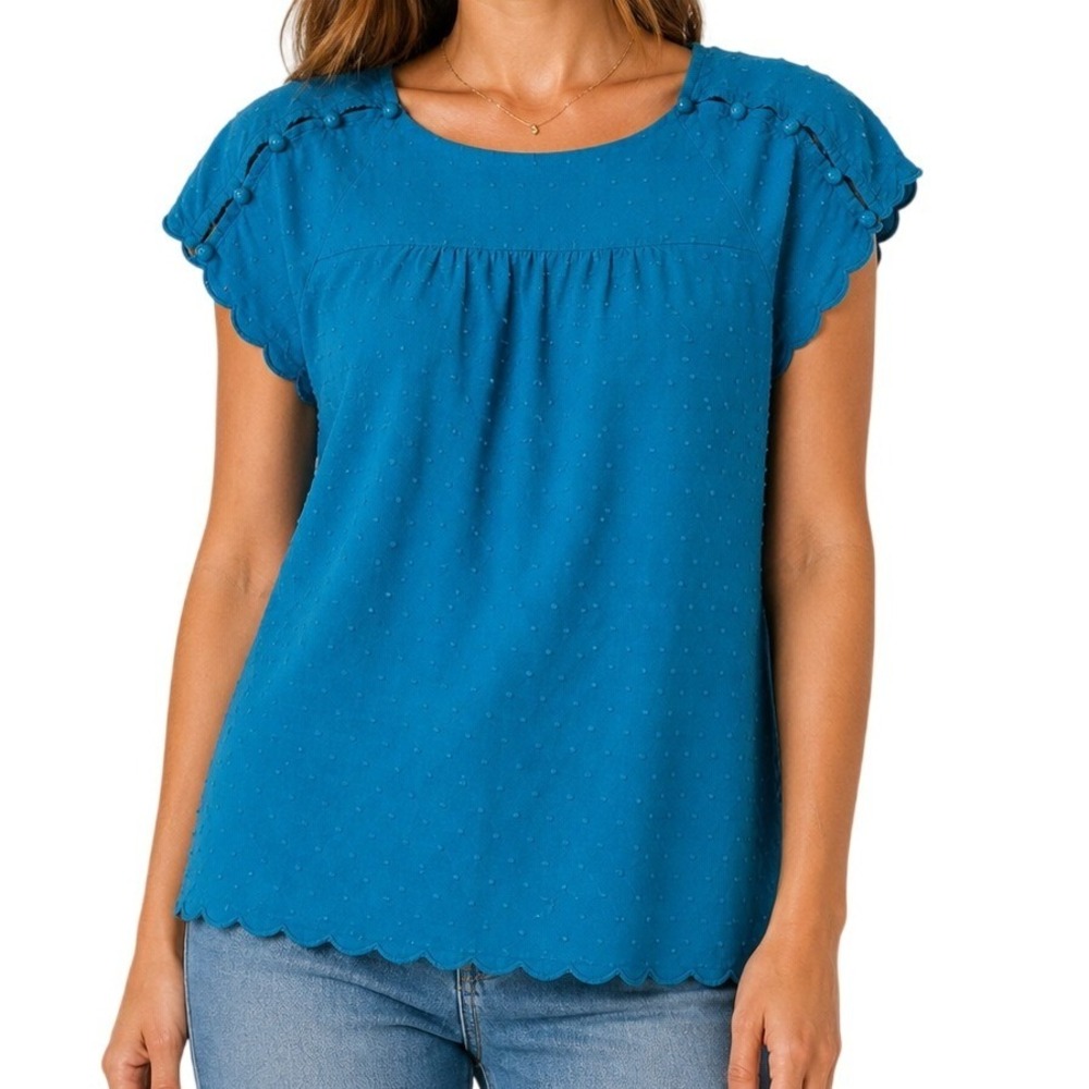 Maeve Anthropologie Teal Blue Swiss Dot Scalloped Hem Blouse Women's 0